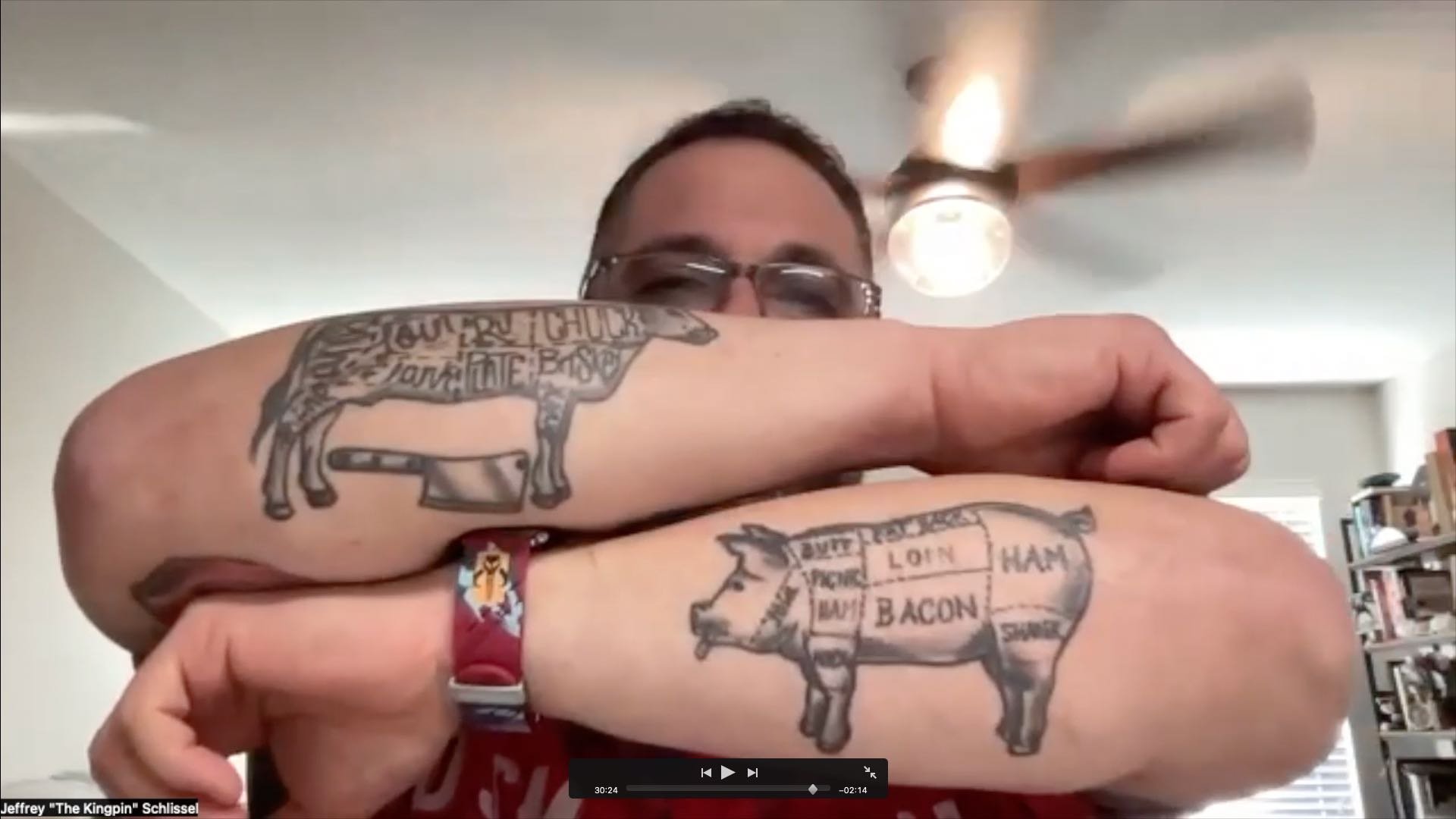 Chef Jeffrey Schlissel showing his tattoos